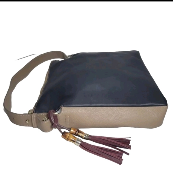 Sondra Roberts Squared Black & Tan Large Tassle Tote Shoulder Zip Designer Bag - Picture 3 of 11